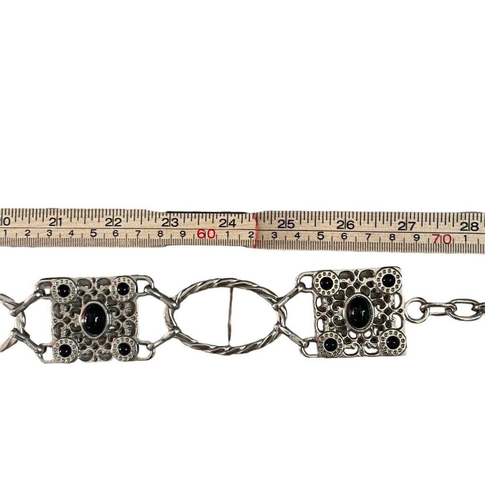 Vintage Silver & Black faux Stone Adjustable Belt 40" Length Intricate Design - Picture 6 of 6